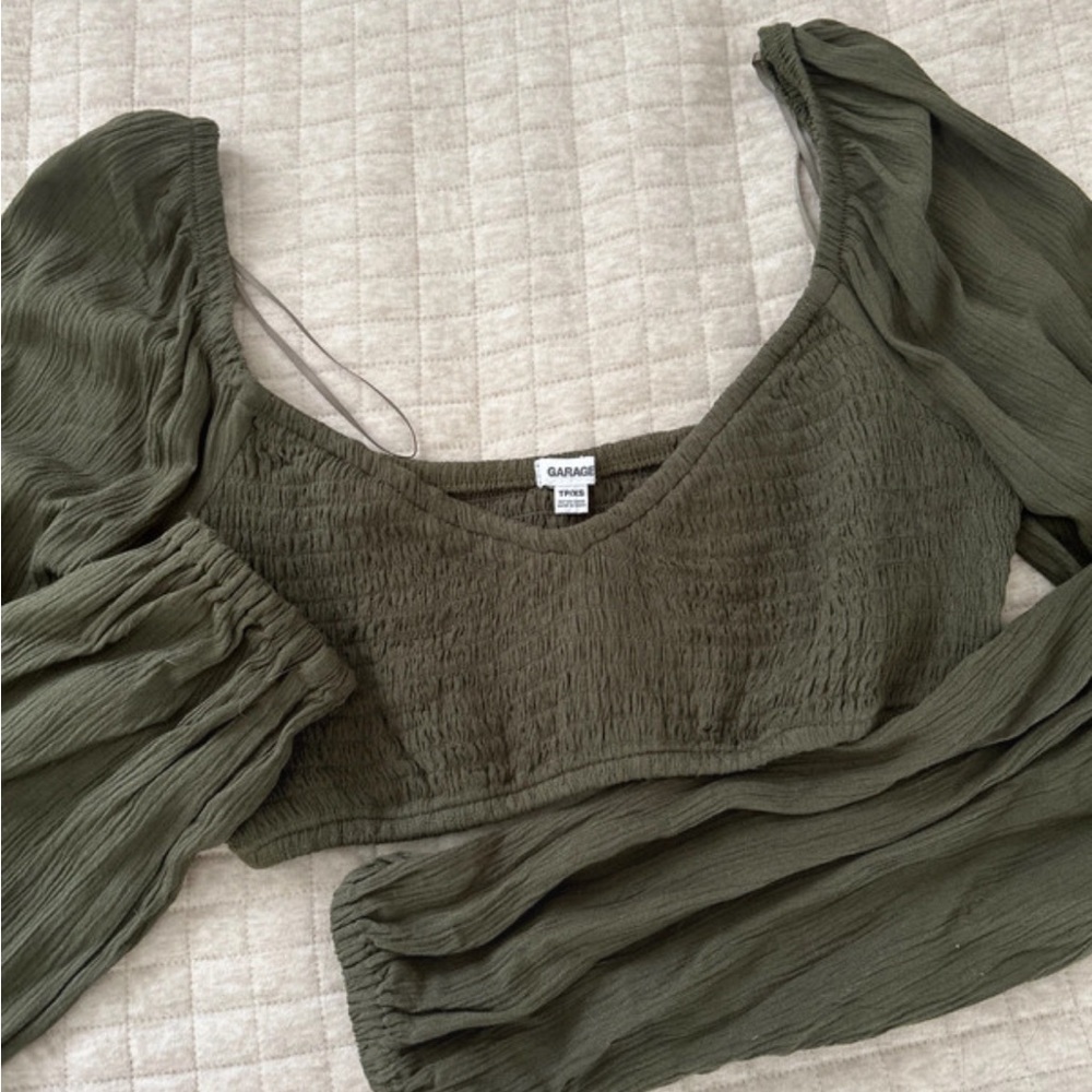 Garage Green Puff Sleeve Smocked Crop Blouse
